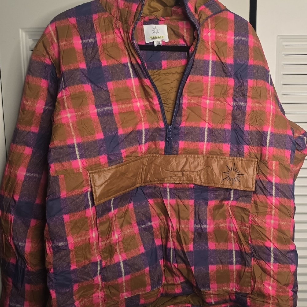 Aerie Jacket Womens Small Pink Purple Plaid Offline Windbreaker Half Zip Hooded